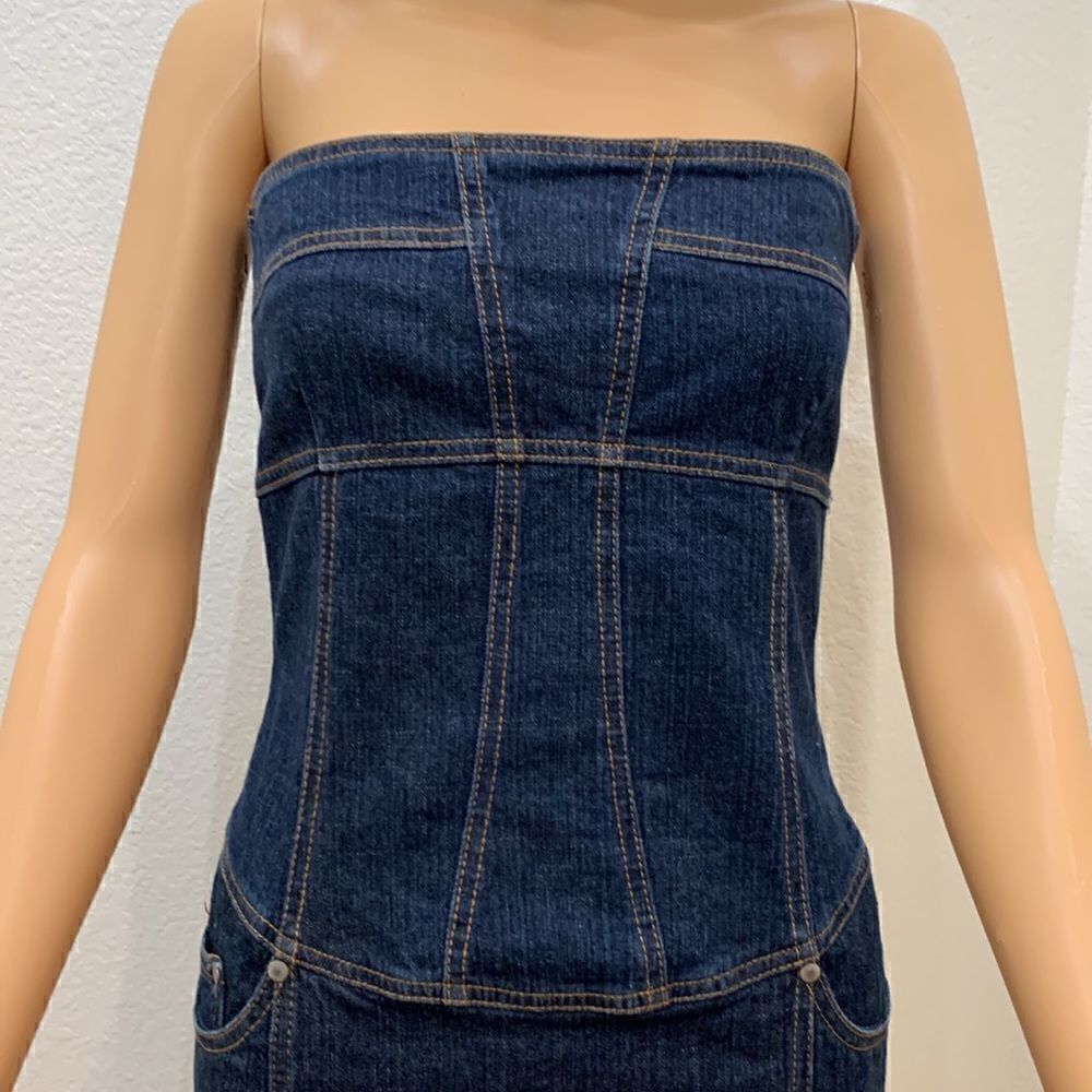 Premise Denim Blue Gold Strapless Pockets Zippered Back Woman’s Dress - Picture 4 of 16